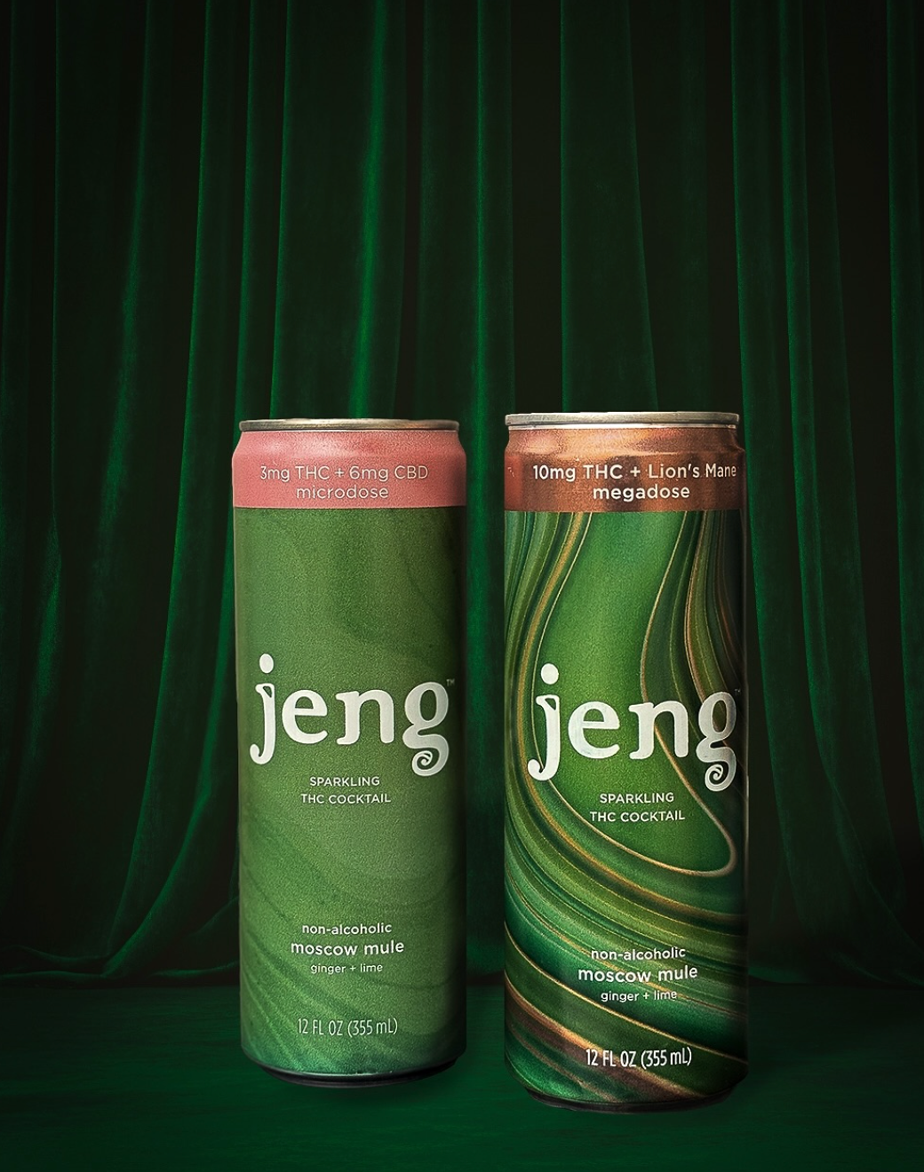 Two green Jeng Moscow mule cans: THC and CBD microdose, and THC with Lion’s Mane